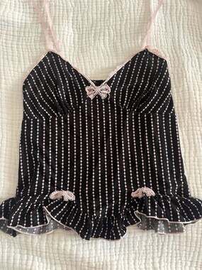 Studio Donatella Black and Pink Striped Lace Trim Camisole Tank Top